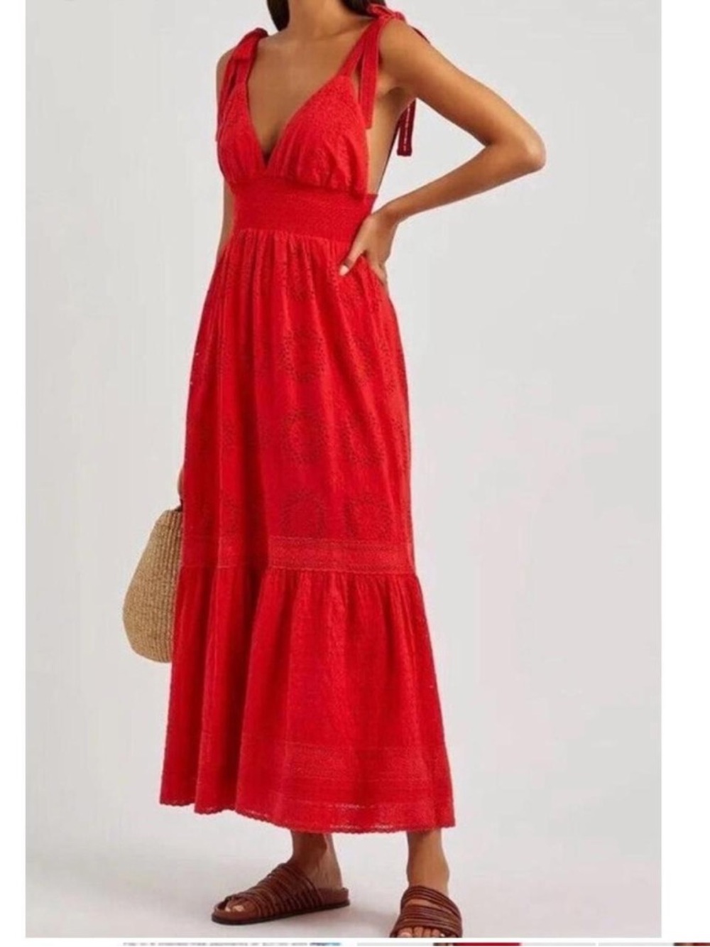Alice + Olivia Levine Smocked Eyelet Maxi Dress in Bright Poppy Red